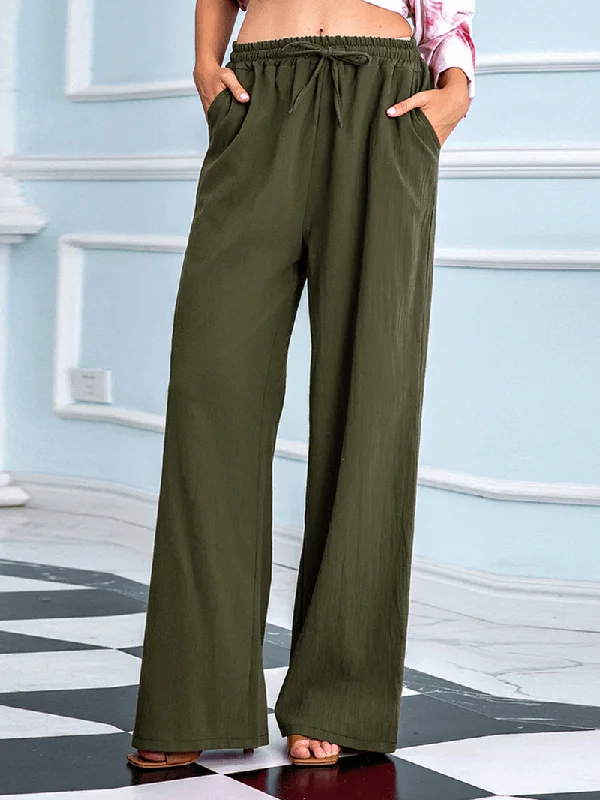 French Style Women Loose Casual Solid Color Drawstring Mid Waist Straight Pants