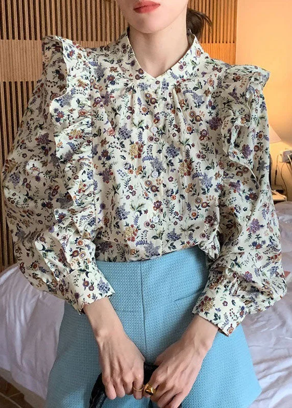 Celebrity Style French Apricot Ruffled Print Patchwork Cotton Shirt Top Spring