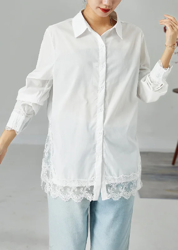 Avant-garde Design French White Peter Pan Collar Lace Patchwork Side Open Cotton Shirt Top Spring Avant-garde Design French White Peter Pan Collar Lace Patchwork Side Open Cotton Shirt Top Spring