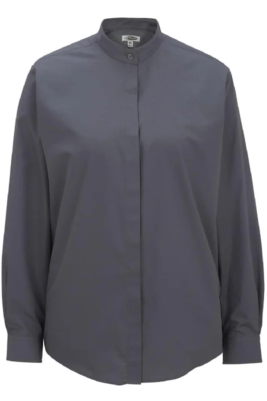 Embroidery Design Ladies' Dark Grey Banded Collar Broadcloth Shirt