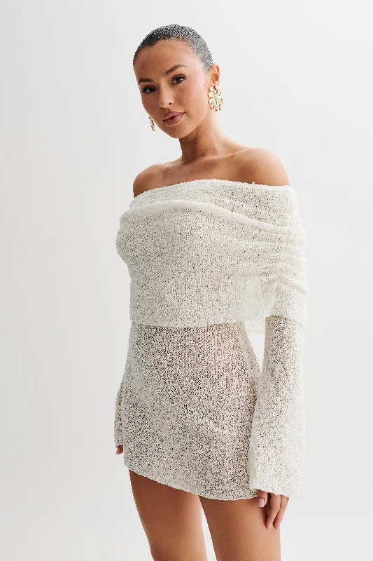 Comfortable Fashion Marisol Off Shoulder Boucle Mini Dress - Ivory