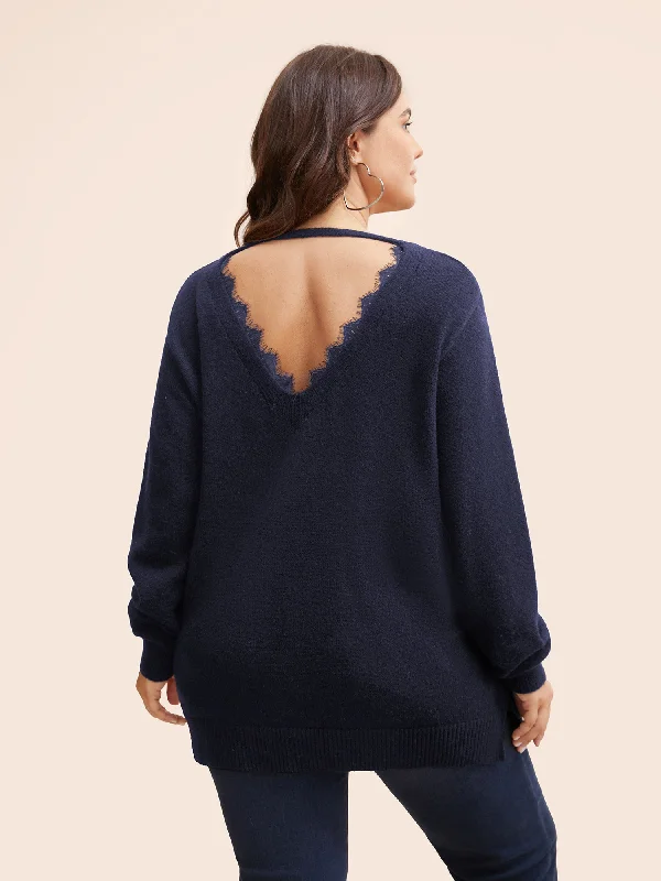 Sports Fashion V Neck Lace Patchwork Backless Pullover