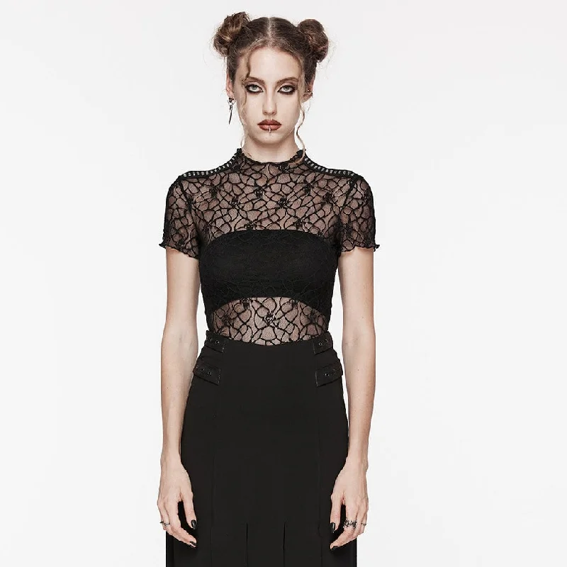 High-end Customization Women's Gothic Studded Skull Mesh Top