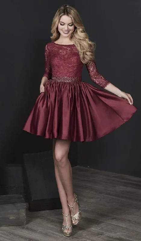 Integrated Design Tiffany Homecoming - Lace Quarter Length Sleeves A-Line Cocktail Dress 27202 - 1 pc Burgundy In Size 2 Available Integrated Design Tiffany Homecoming - Lace Quarter Length Sleeves A-Line Cocktail Dress 27202 - 1 pc Burgundy In Size 2 Available