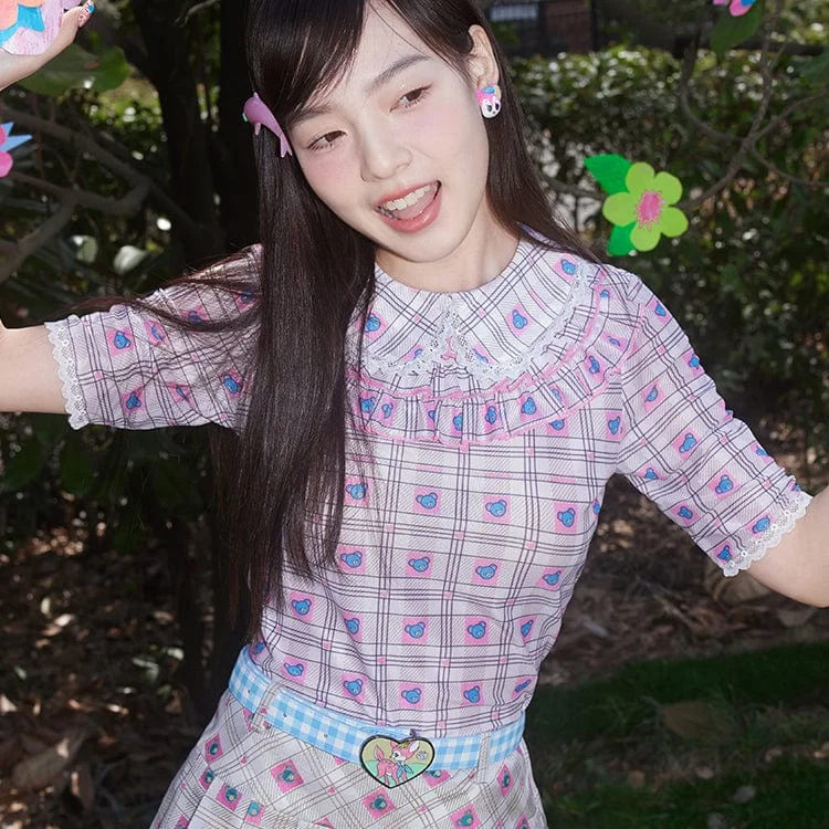 New Products Women's Pink Kawaii Doll Collar Bear Printed Plaid Shirt