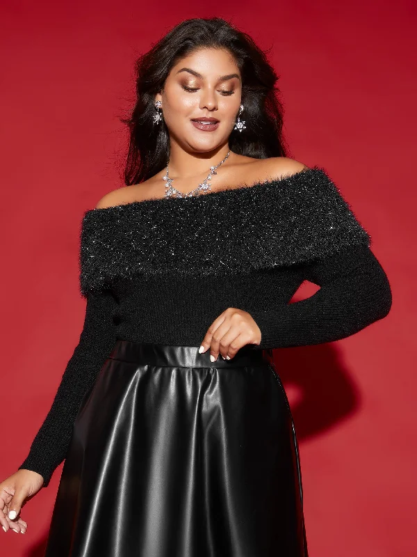 Printed Patterns Off-Shoulder Silver Threads Detailing Pullover