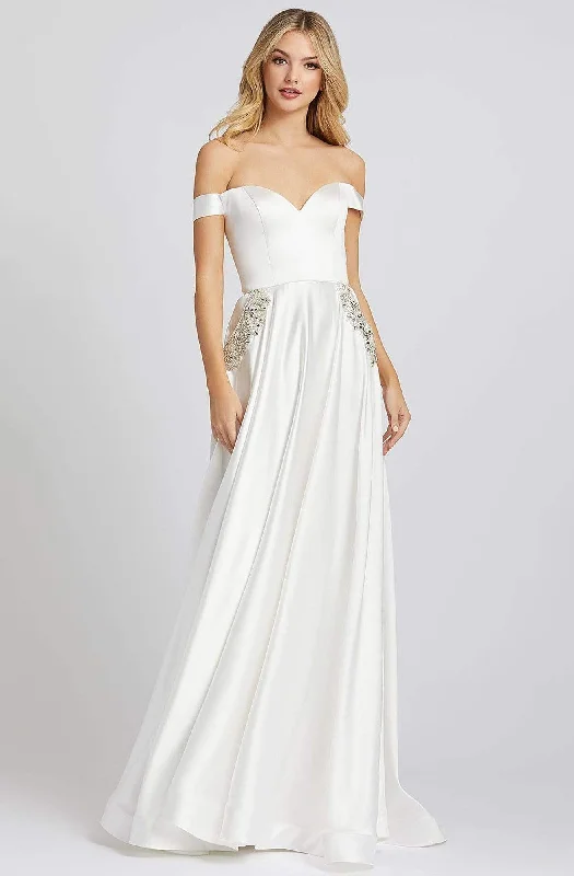 Fashionable Prints Ieena Duggal - 55273I Off Shoulder Satin Gown with Beaded Pockets Fashionable Prints Ieena Duggal - 55273I Off Shoulder Satin Gown with Beaded Pockets