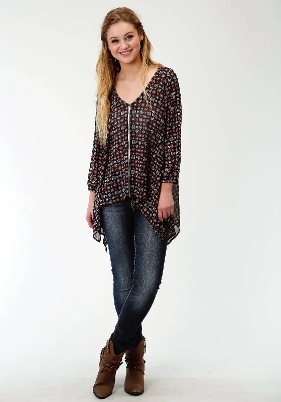 Embroidery Design Roper Womens Blue Polyester Crochet Trim L/S Tunic