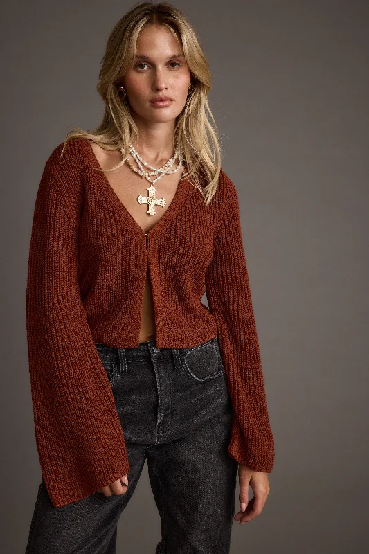 Feminine Charm Fawn Rust Long Sleeve Split Front Knit Top