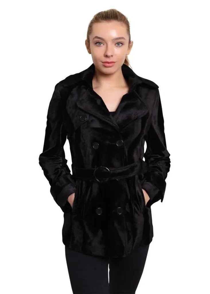 Basic Version De La Creme - Women's Luxury Black Ponyskin Double Breasted Short Coat