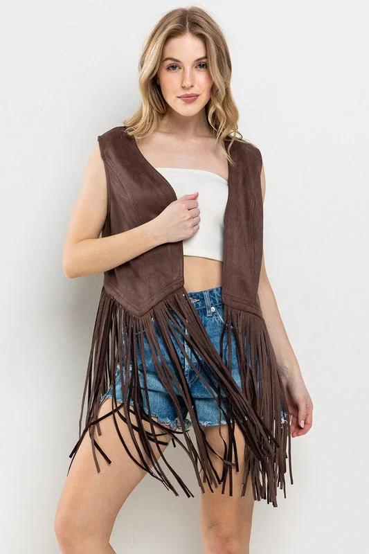 Artistic Temperament BROWN WESTERN FRINGE SUEDE LEATHER VEST JACKET CFJIC80275