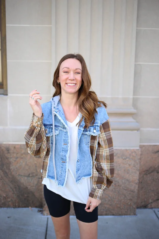 Creative Prints Denim and Mixed Brown Plaid Crop Jacket | Boutique Elise | Aria