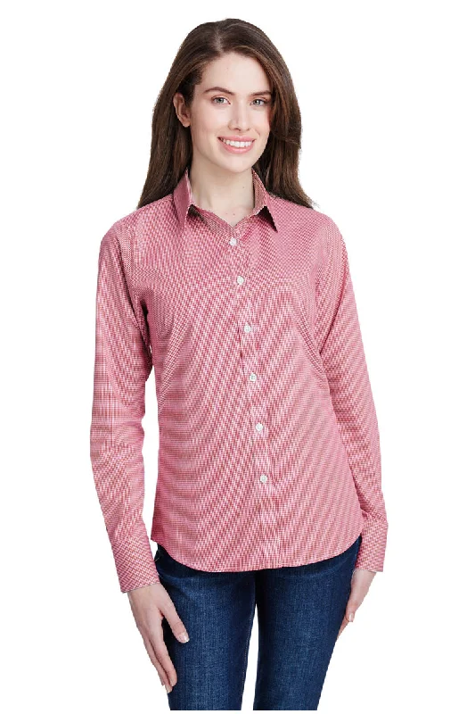 Multifunctional Style Women's Microcheck Long Sleeve Cotton Shirt (Red / White)