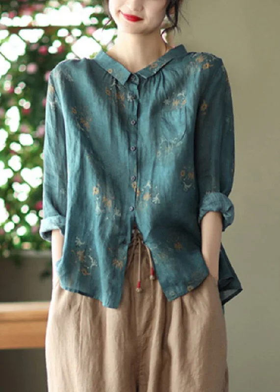 Sports Trend Retro Peacock Green Peter Pan Collar Print Button Wrinkled Shirts Long Sleeve
