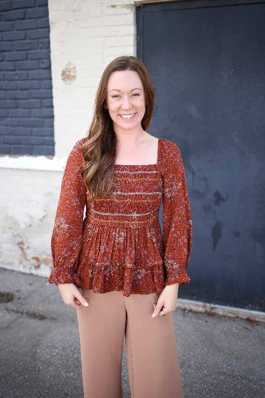 Fashionable Items Rust Floral Print Smocked Top | Boutique Elise | Raya