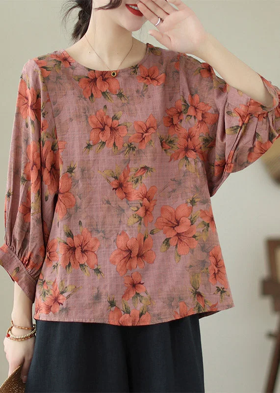 Elegant Design Loose Orange Print Cozy Cotton Top Summer