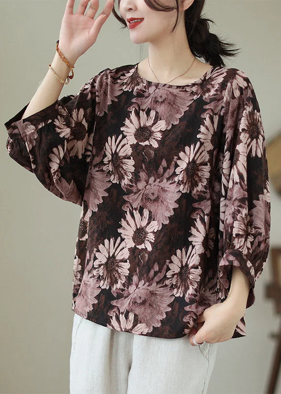 Romantic Data Coffee O-Neck Cotton Top Long Sleeve