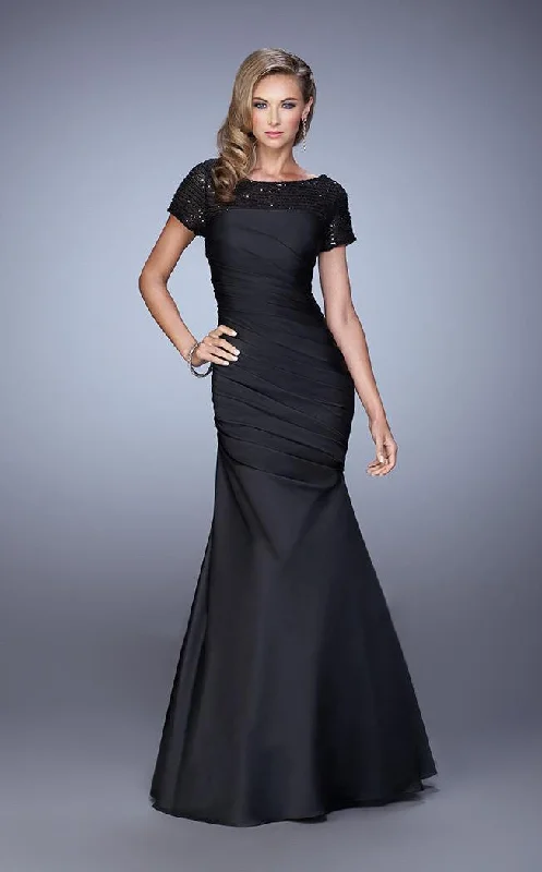 Youthful Street Fashion La Femme - Sequined Short Sleeves Draped Mermaid Gown 21670 - 1 pc Black in Size 6 Available Youthful Street Fashion La Femme - Sequined Short Sleeves Draped Mermaid Gown 21670 - 1 pc Black in Size 6 Available