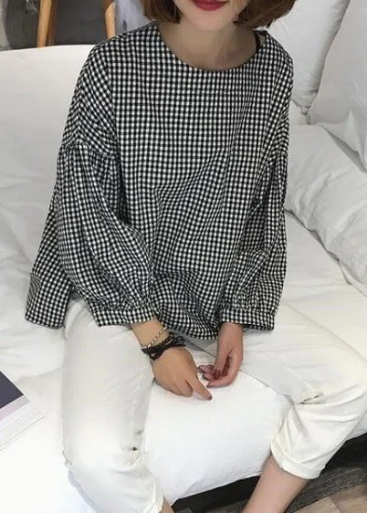 Age-reducing Style French Plaid Cotton Women Fine Sewing Asymmetric Plus Size Clothing Blouse Age-reducing Style French Plaid Cotton Women Fine Sewing Asymmetric Plus Size Clothing Blouse