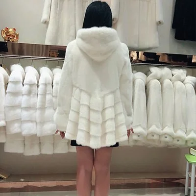 French Style Real Full Mink Fur Hooded Coats