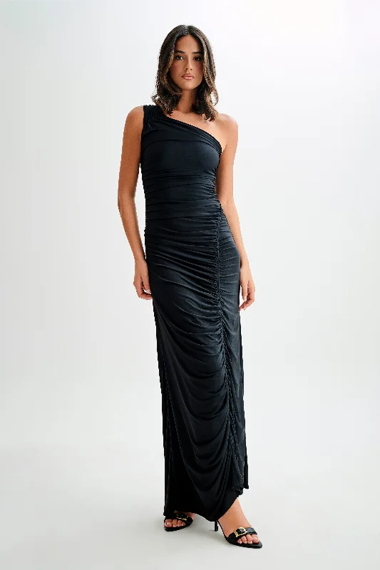 Basic Version Capri Gathered Slinky Maxi Dress - Black