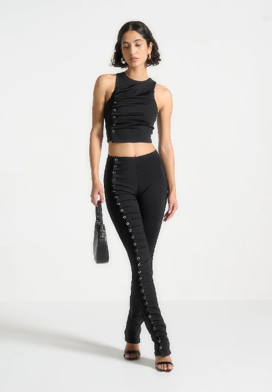 Refreshing Design Eyelet Detail Tacked Leggings - Black