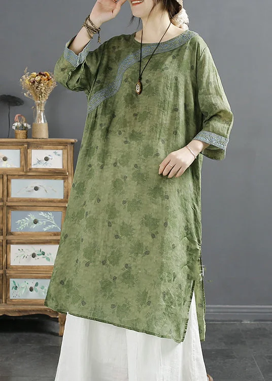 Fashion Must-have Casual Green Print Patchwork Side Open Ramie Top Spring