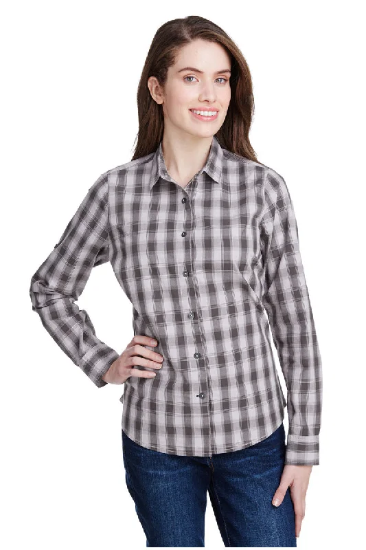 Age-reducing Style Women's Mulligan Check Long Sleeve Cotton Shirt (Steel / Black)