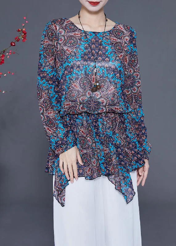 French Style Blue Print Chiffon Shirt Tops Asymmetrical Hem Spring