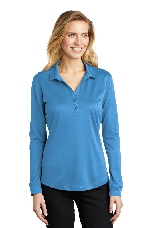 Modern City Port Authority Womens Silk Touch Performance Moisture Wicking Long Sleeve Polo Shirt - Carolina Blue - Closeout Modern City Port Authority Womens Silk Touch Performance Moisture Wicking Long Sleeve Polo Shirt - Carolina Blue - Closeout