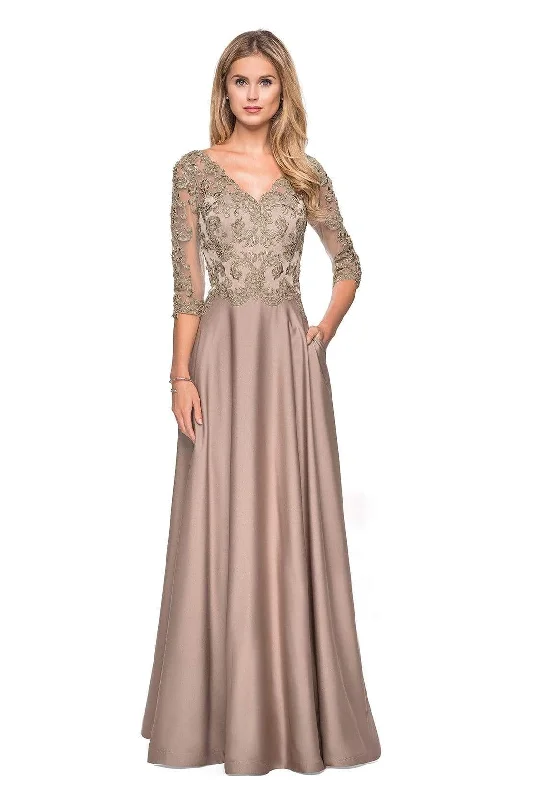 Retro Fashion La Femme - Illusion V-Neck Quarter Sleeve Appliqued Dress 27235 - 2 pcs Gold/Olive in Size 10 and 12 Available Retro Fashion La Femme - Illusion V-Neck Quarter Sleeve Appliqued Dress 27235 - 2 pcs Gold/Olive in Size 10 and 12 Available