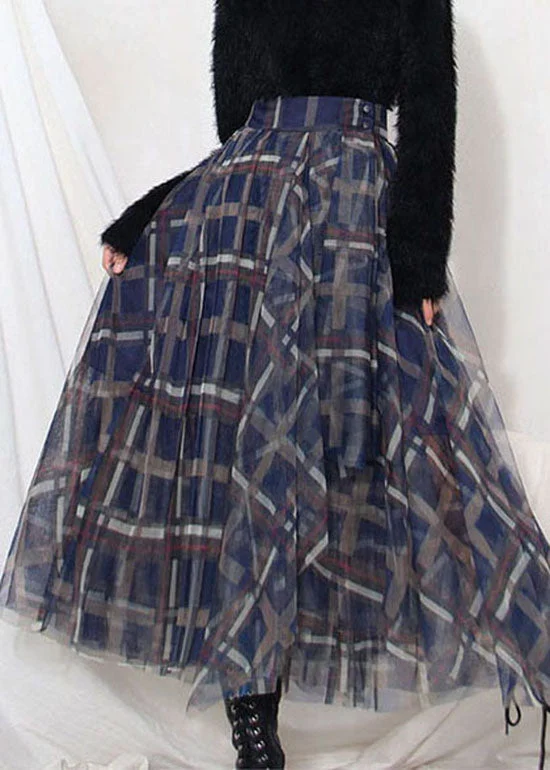 Cute Design Art Blue Plaid Patchwork Tulle cirlce Skirt Spring