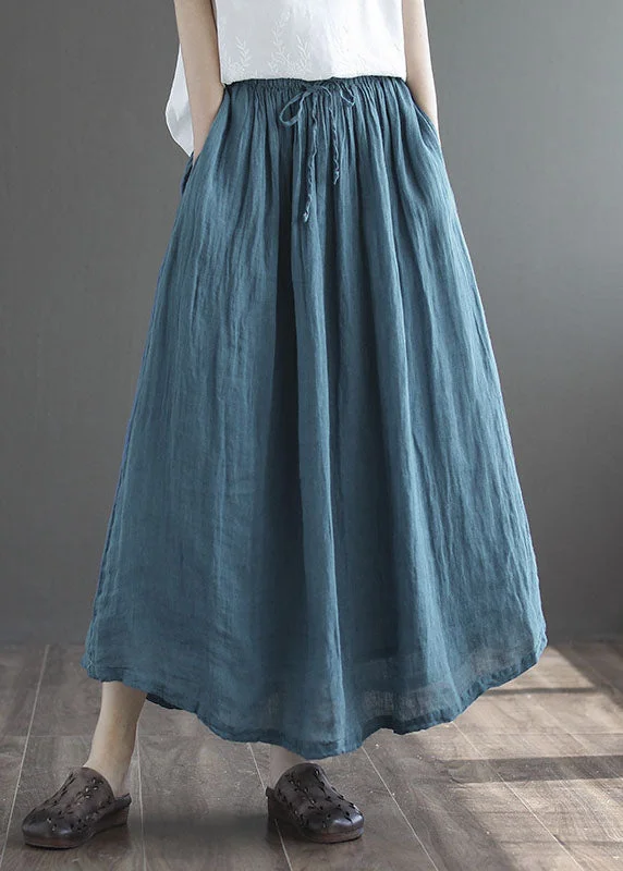 Autumn Selection Simple Dark Blue Elastic Waist Double-deck Linen Skirts Summer