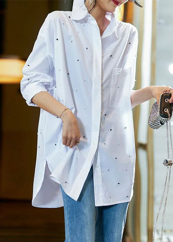Personalized Outfit Simple White Peter Pan Collar Zircon Patchwork Cotton Shirts Top Spring Personalized Outfit Simple White Peter Pan Collar Zircon Patchwork Cotton Shirts Top Spring
