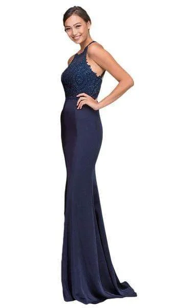 Artistic Temperament Eureka Fashion - Applique Halter Stretch Satin Trumpet Dress 7133 - 1 pc Navy In Size L Available Artistic Temperament Eureka Fashion - Applique Halter Stretch Satin Trumpet Dress 7133 - 1 pc Navy In Size L Available