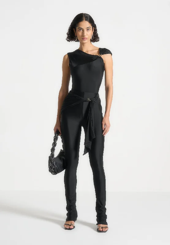 Street Charm Draped Hardware Detail Leggings - Black