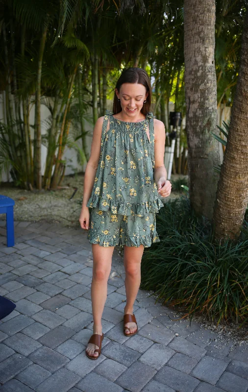 Embroidery Design Olive Floral Print Cotton Tank Top | Boutique Elise | Allie