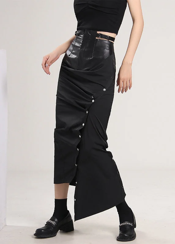Exquisite Design French Black Button Patchwork side open Skirts Spring