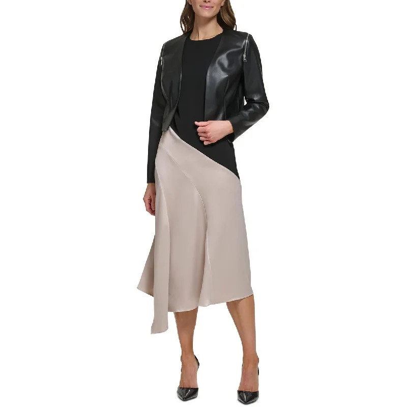 Fresh And Capable DKNY Womens Faux Leather Cropped Open-Front Blazer