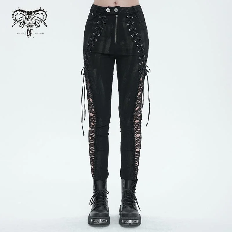 French Style Women's Punk Strappy Mesh Splice Distressed Leggings