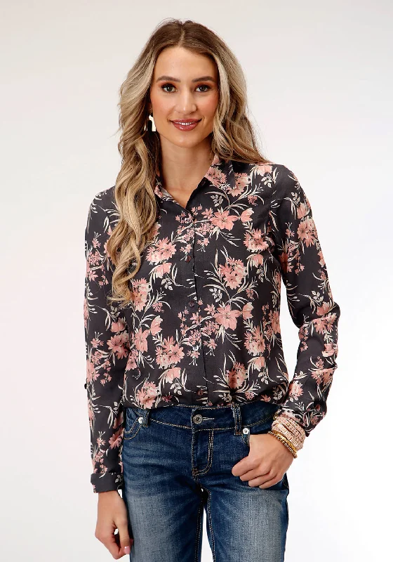 Versatile Items Roper Womens Coral Floral Grey Rayon/Nylon L/S Blouse