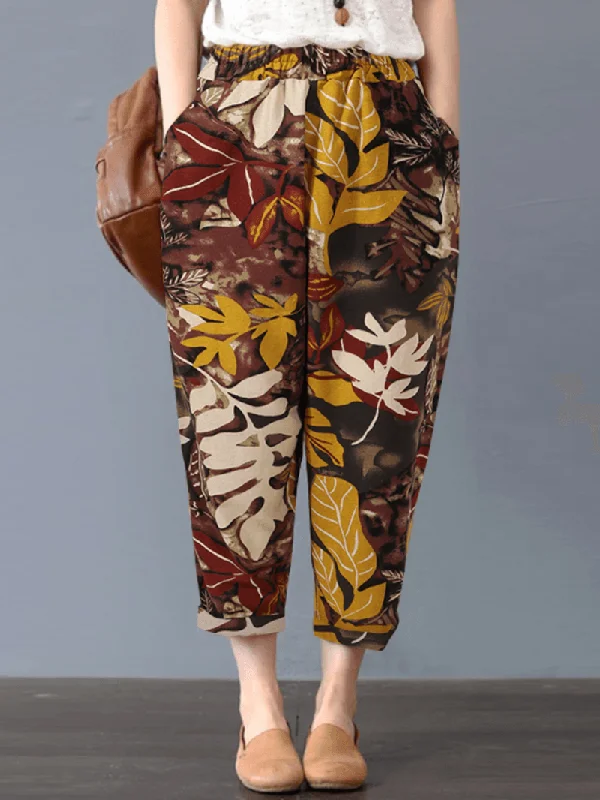 Autumn Selection Women Bohemian 100% Cotton Floral Printed Side Pockets Elastic Waist Pants