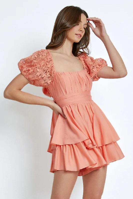 Double-sided Wear Lace Sleeve Back Tie Ruffle Tiered Mini Romper Dress