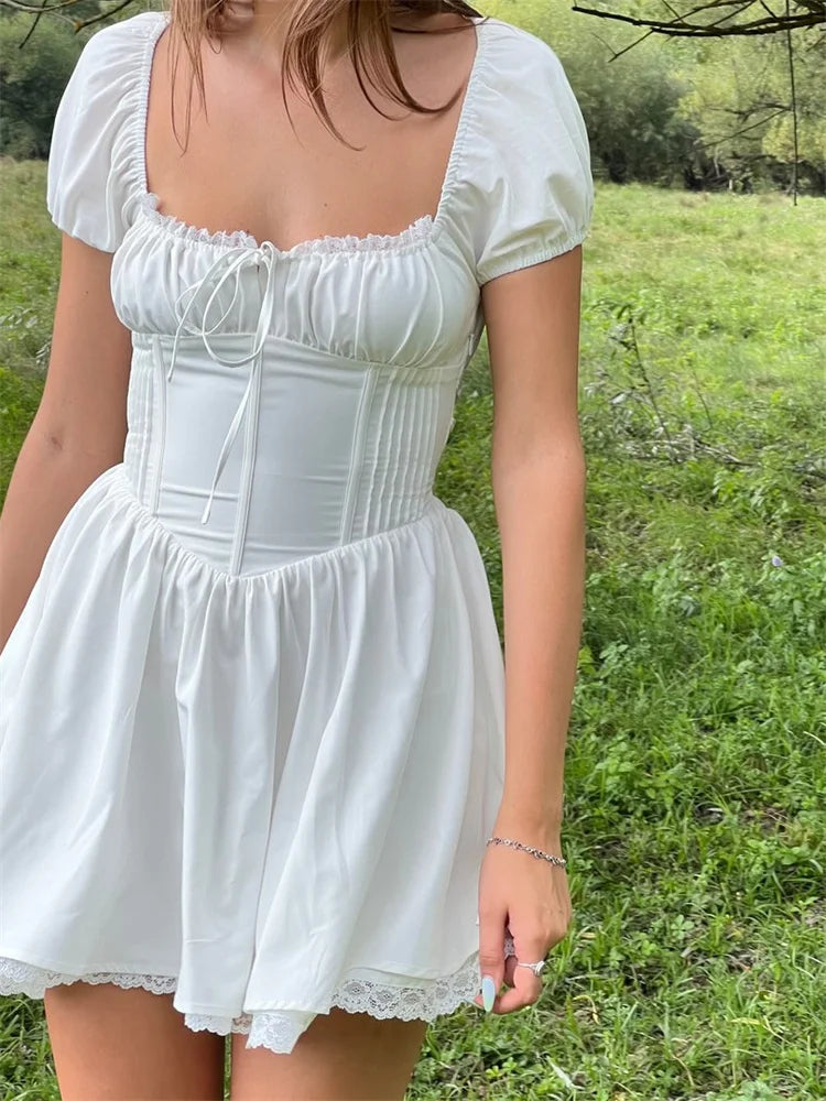 Luxury Style Corset Lace Front Tie-Up Short Sleeve Mini Dresses
