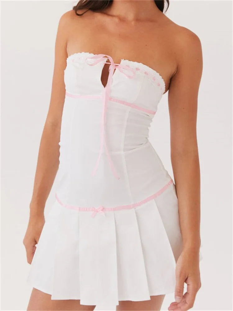 Sports And Leisure Contrast Color Strapless Bow Front Tie-Up Mini Dresses
