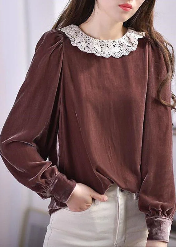 Elegant And Charming Elegant Brown O-Neck Lace Patchwork Silk Velour Blouses Spring