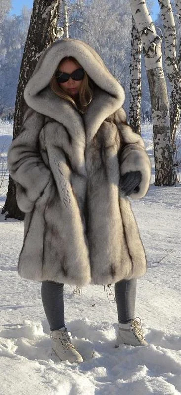 Modern Tailoring Thick Real Fox Fur Hooded Long Coat