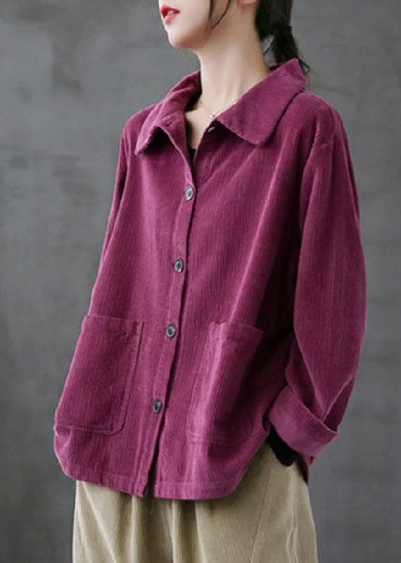 Noble And Elegant Purple Loose Pockets Shirt Top Long Sleeve Corduroy Coat