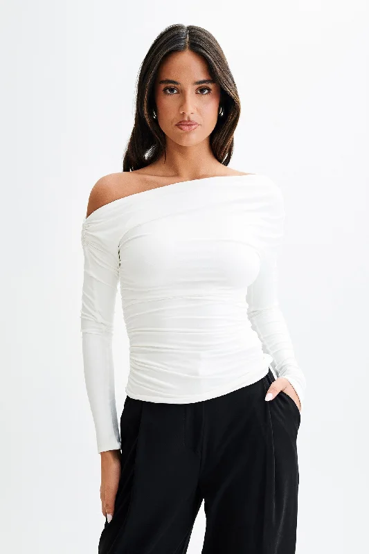 Exquisite Fabrics Alayna Long Sleeve Recycled Nylon Ruched Top - White