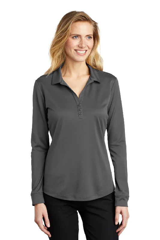 High Street Design Port Authority Womens Silk Touch Performance Moisture Wicking Long Sleeve Polo Shirt - Steel Grey High Street Design Port Authority Womens Silk Touch Performance Moisture Wicking Long Sleeve Polo Shirt - Steel Grey